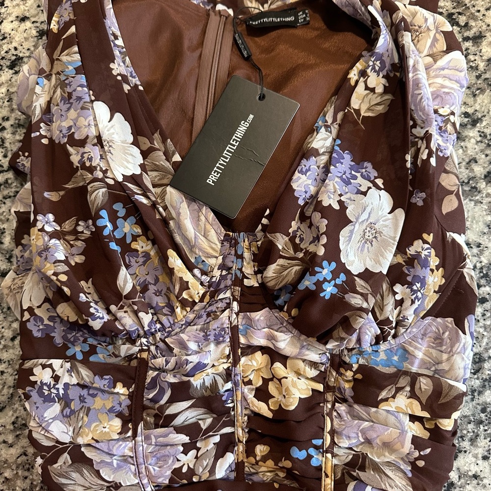 PrettyLittleThing Brown Floral Dress with Purple and Blue Accents